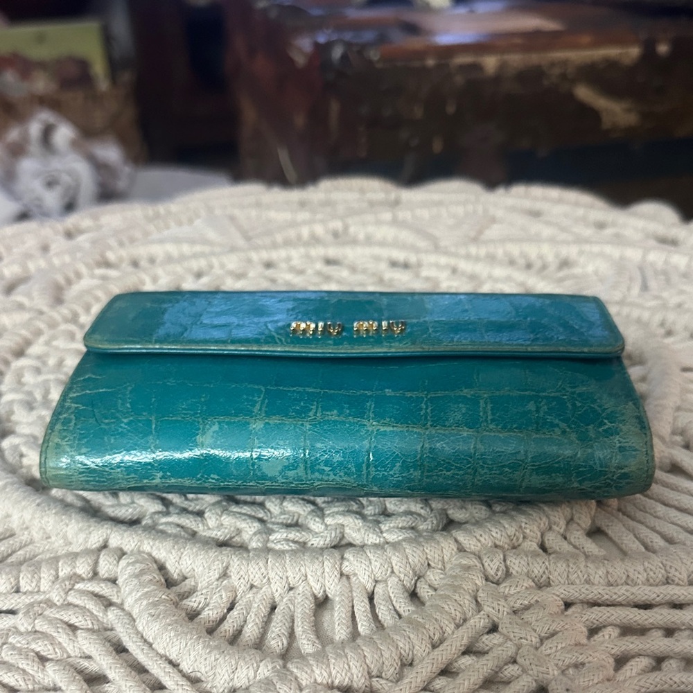 Miu Miu Teal Crocodile-Embossed Wallet - Picture 3 of 16